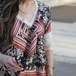 Cabi Silk Scarf Top Southwestern Boho Silk Size Medium Long Sleeve Western